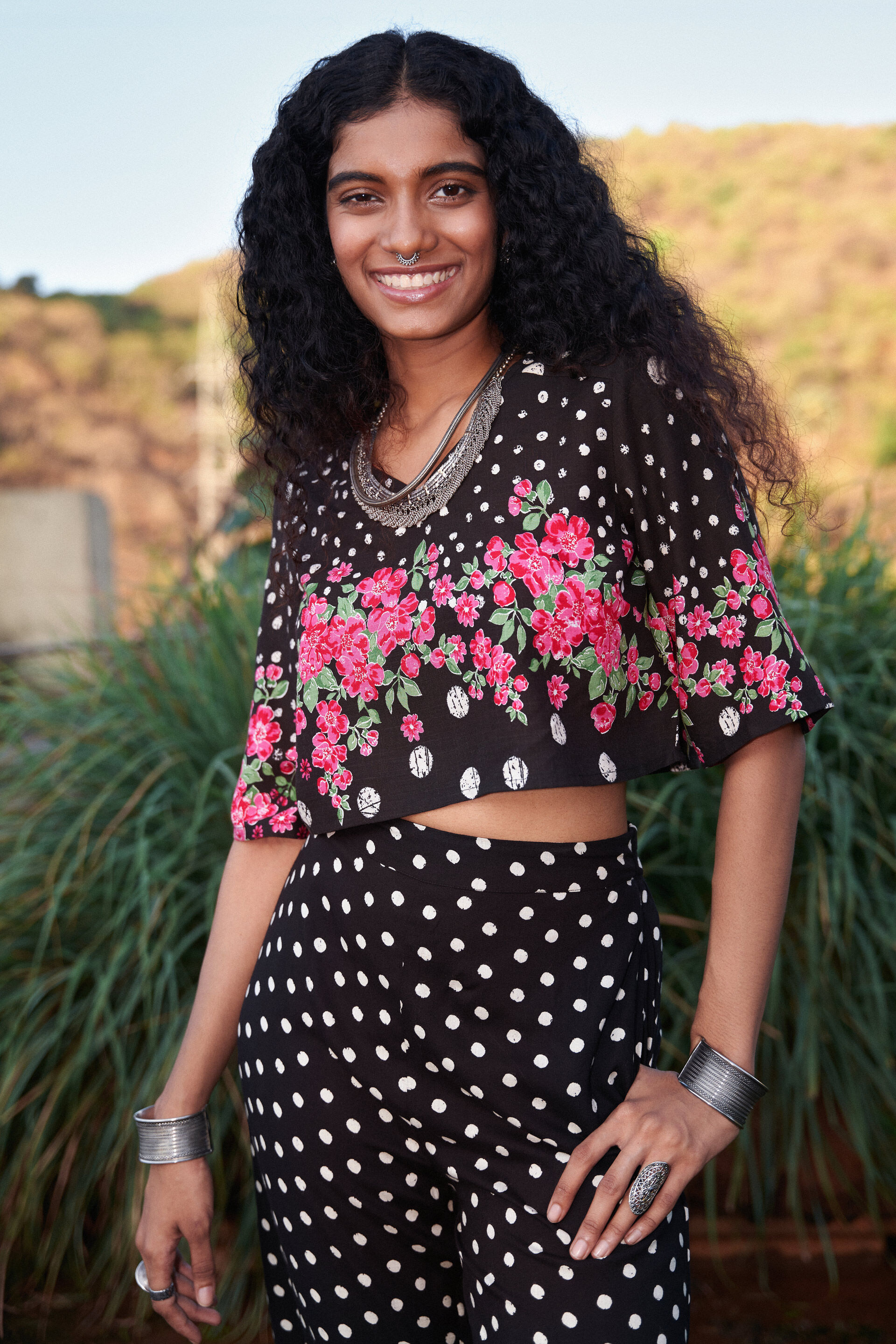 Black Floral-Polka Co-ords Set, Black, image 2